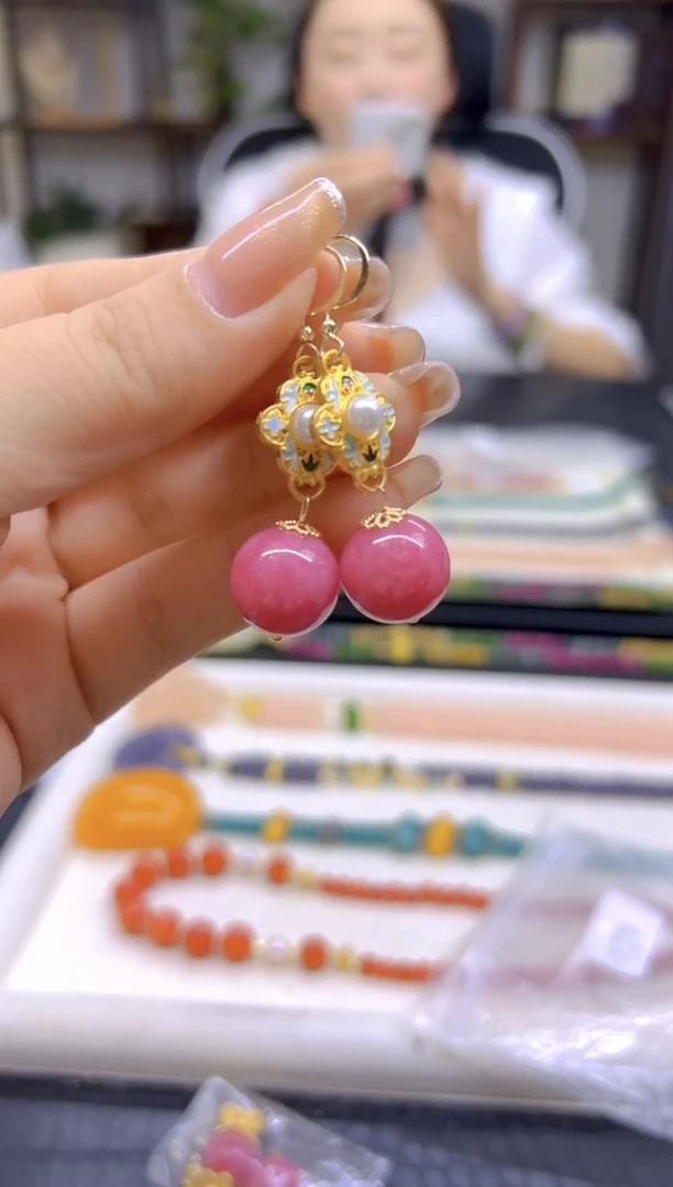 菱锰矿（红纹石）14K金镶嵌耳饰DIY款E798