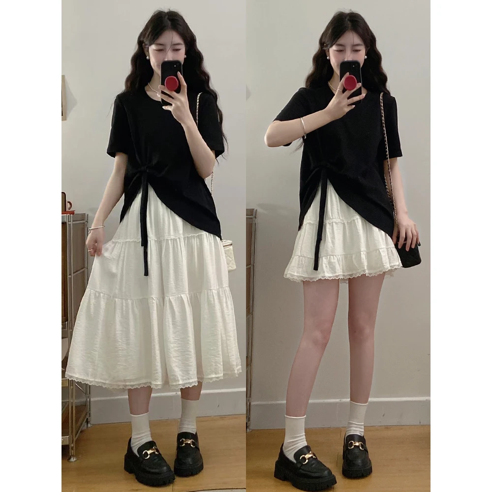 大码女装夏季新款胖mm花边蛋糕裙+蝴蝶结宽松T恤洋气减龄时尚套装