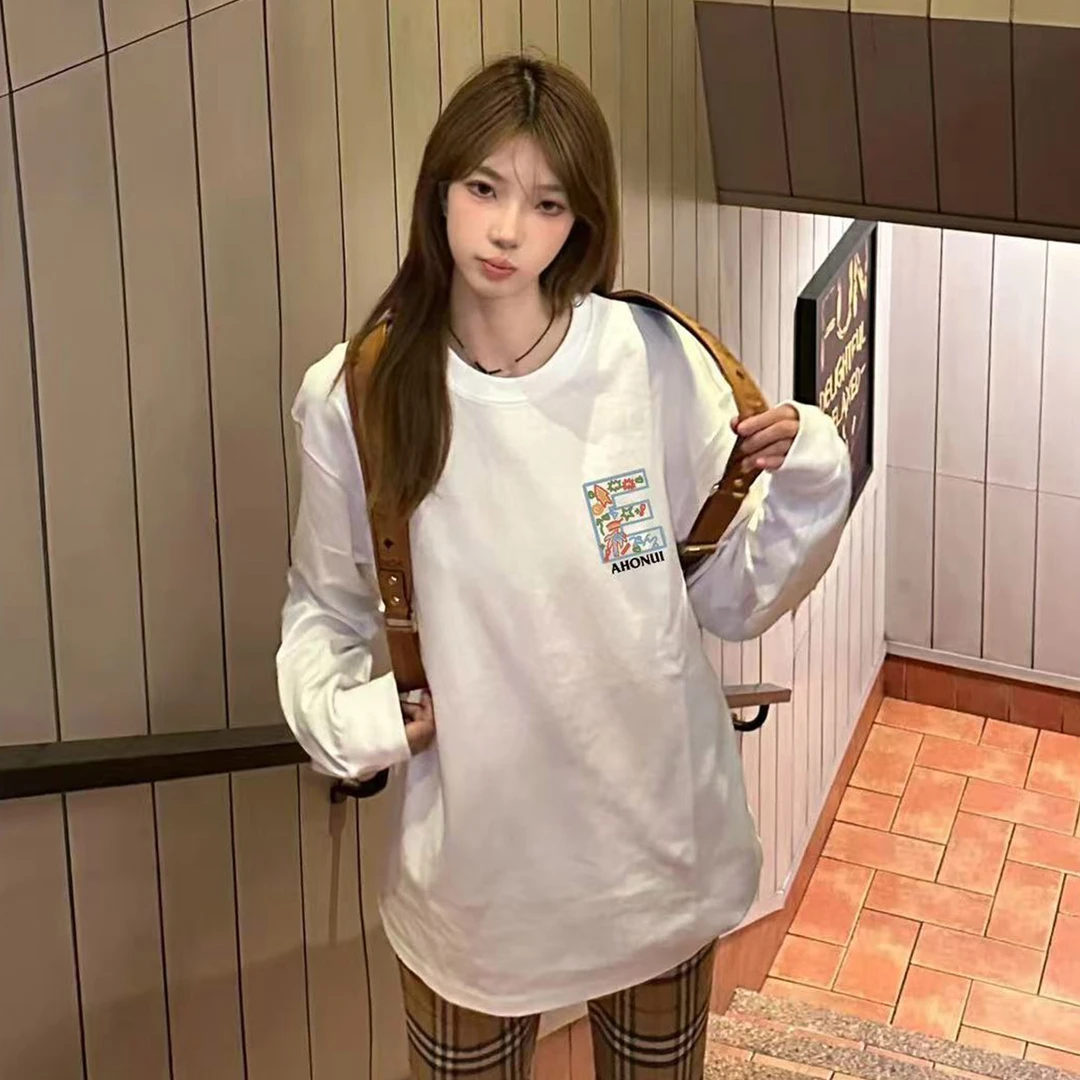 胖mm大码美式复古白色长袖t恤女秋季印花新款宽松早秋长袖上衣T恤