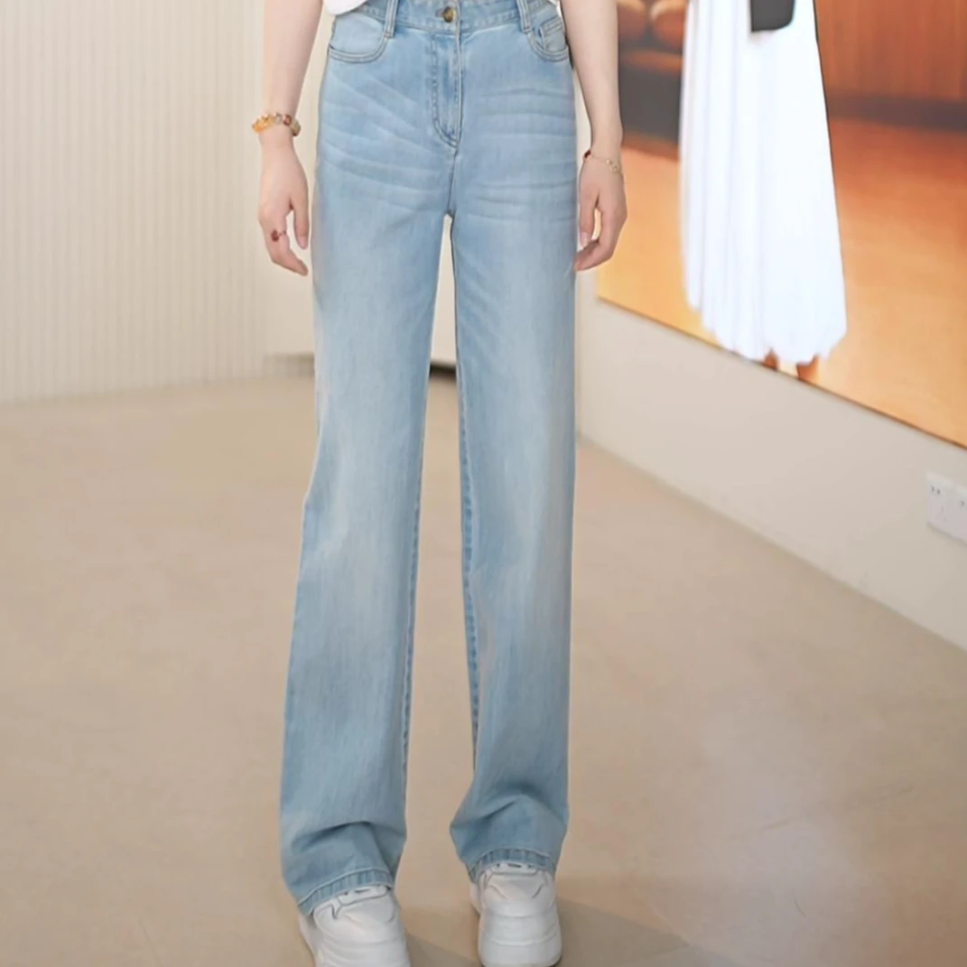 GIRDEAR/哥弟薄款棉质显瘦宽松百搭高腰窄版直筒牛仔裤子1100270