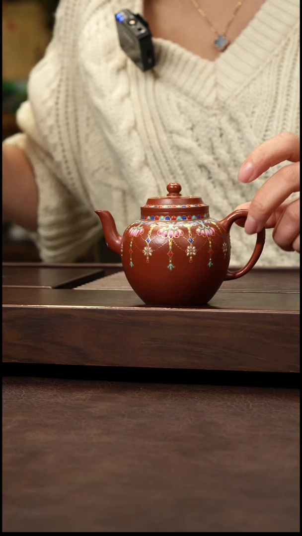 茶壶紫砂粤****)朱泥全手珐琅彩描金宫灯170cc左右