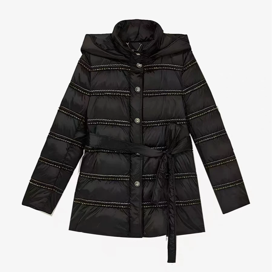 GXO2025冬季新款专选金韵小香风花边白鹅绒羽绒服黑色女款WT0145