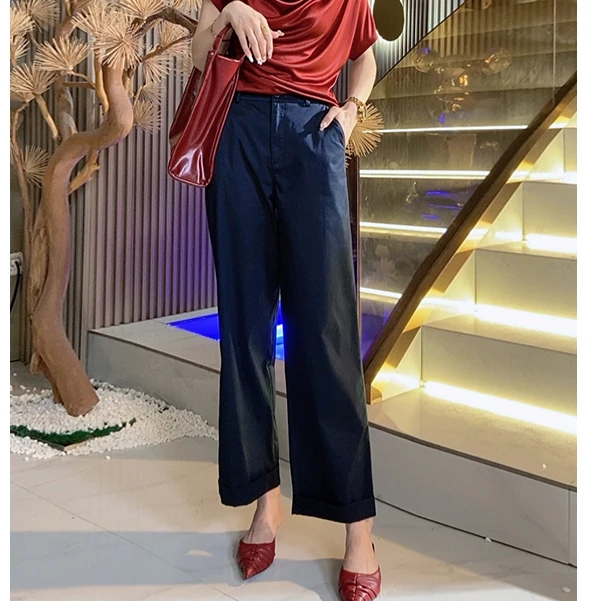 女装夏季时尚休闲透气显瘦纯色中高腰女士直筒裤九分长裤ML+105