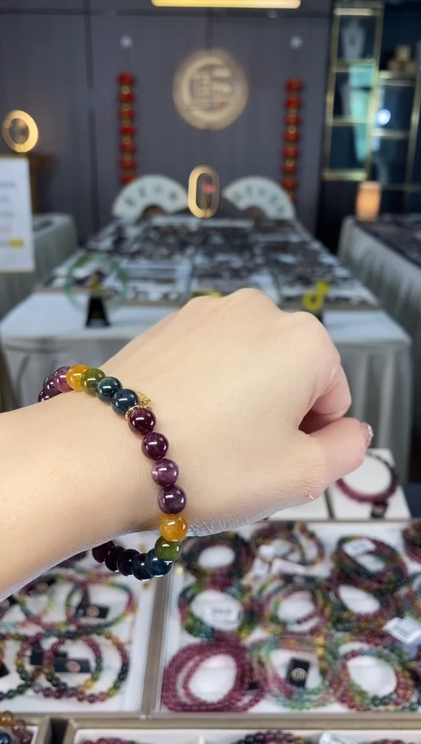 未镶嵌老矿碧玺色标彩虹单圈手串7mm+碧玺dan多样性发货一条