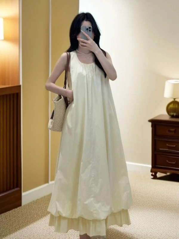 「花苞水母裙」2025春夏新款纯棉休闲无袖法式气质显瘦A字连衣裙女
