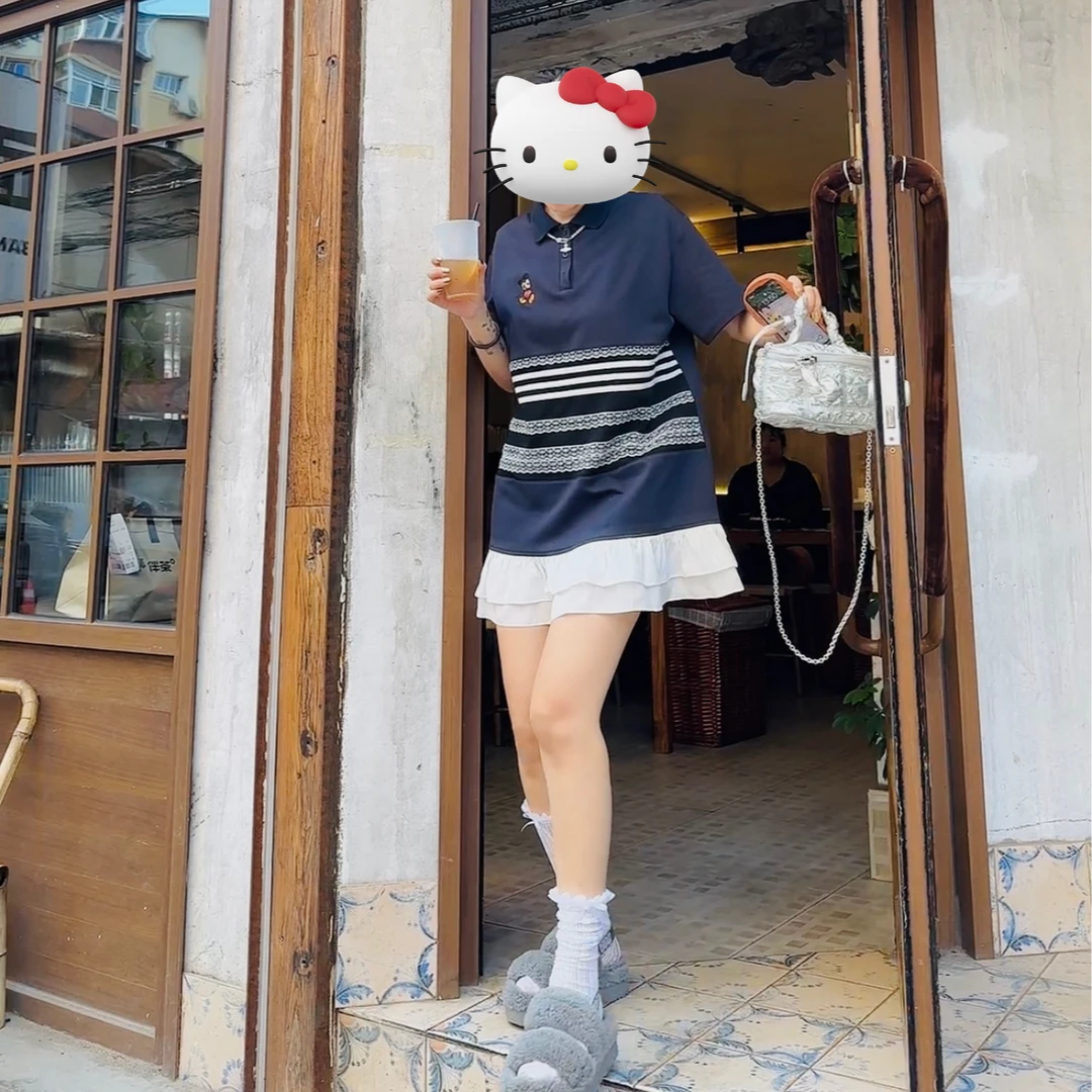 FRVXO翻领刺绣米奇短袖t恤女2025夏季新款宽松百搭减龄中长款