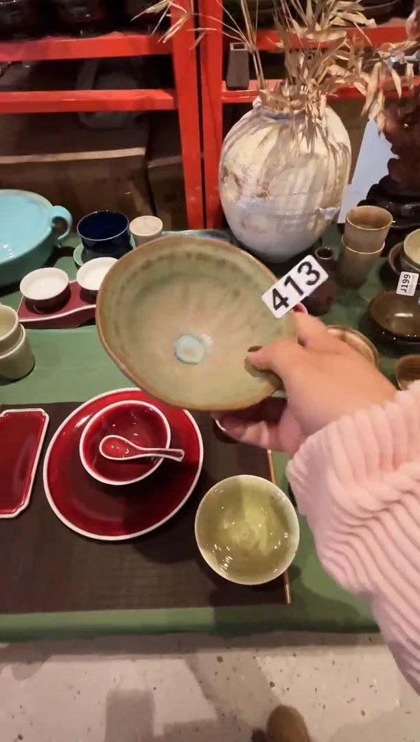 瓷片我**字413窑变绿手捏碗