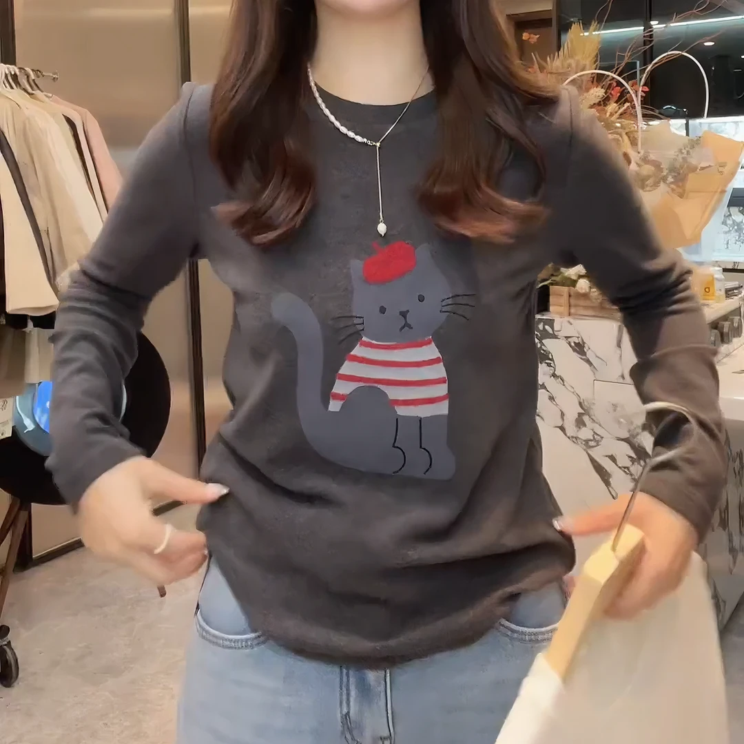 【绒感小猫】打底衫爆款2025新款秋冬加厚款圆领长袖T恤LK2507919