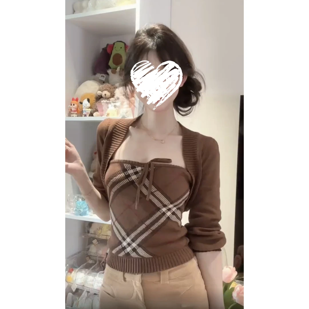 针织巧克力格纹抹胸+开衫上衣两件套   60509