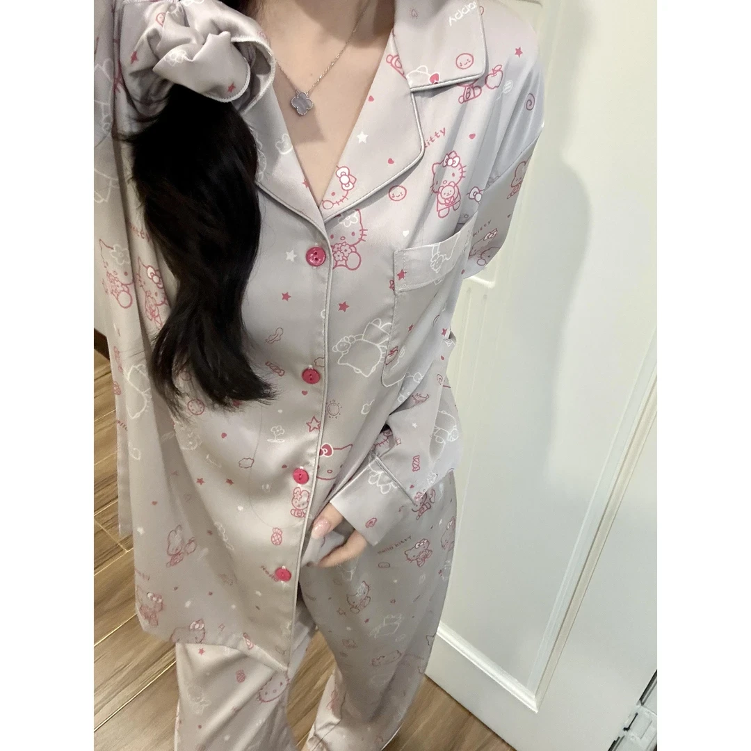 睡衣女春秋季冰丝长袖薄款女士可外出网红学生新款套装家居服夏天