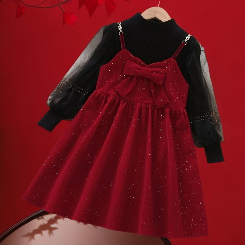 女童秋冬喜庆过年连衣裙2025新款儿童丝绒吊带裙女孩拜年服两件套