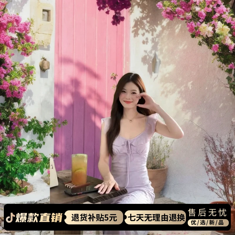 3470气质高级感紫色荷叶边连衣裙子夏天高档海边度假风约会长裙子