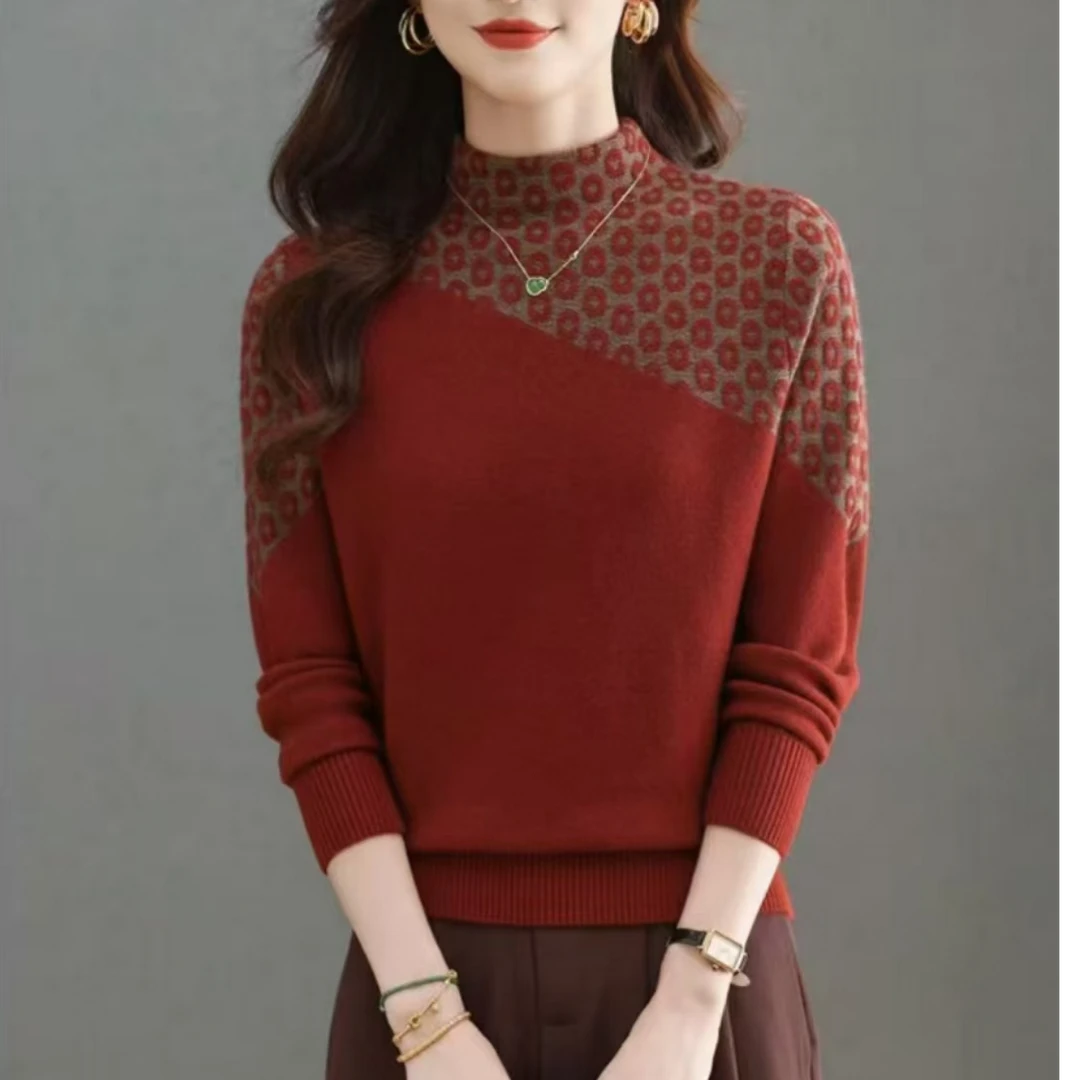 秋冬新款时尚洋气宽松百搭设计感提花半高领针织衫网红长袖加厚女