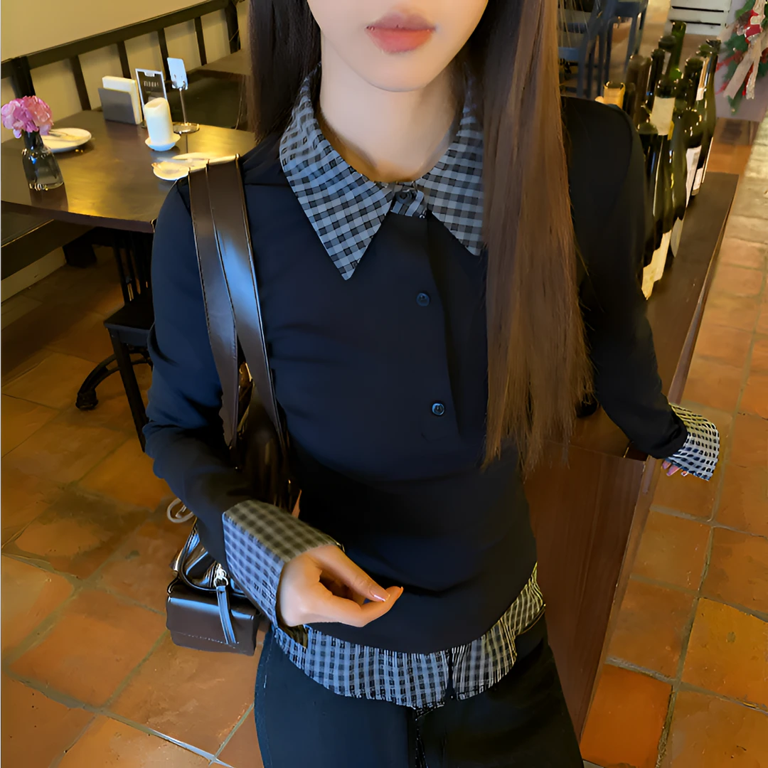 格子长袖T恤女春秋显瘦气质复古假两件设计感修身学院风拼接上衣
