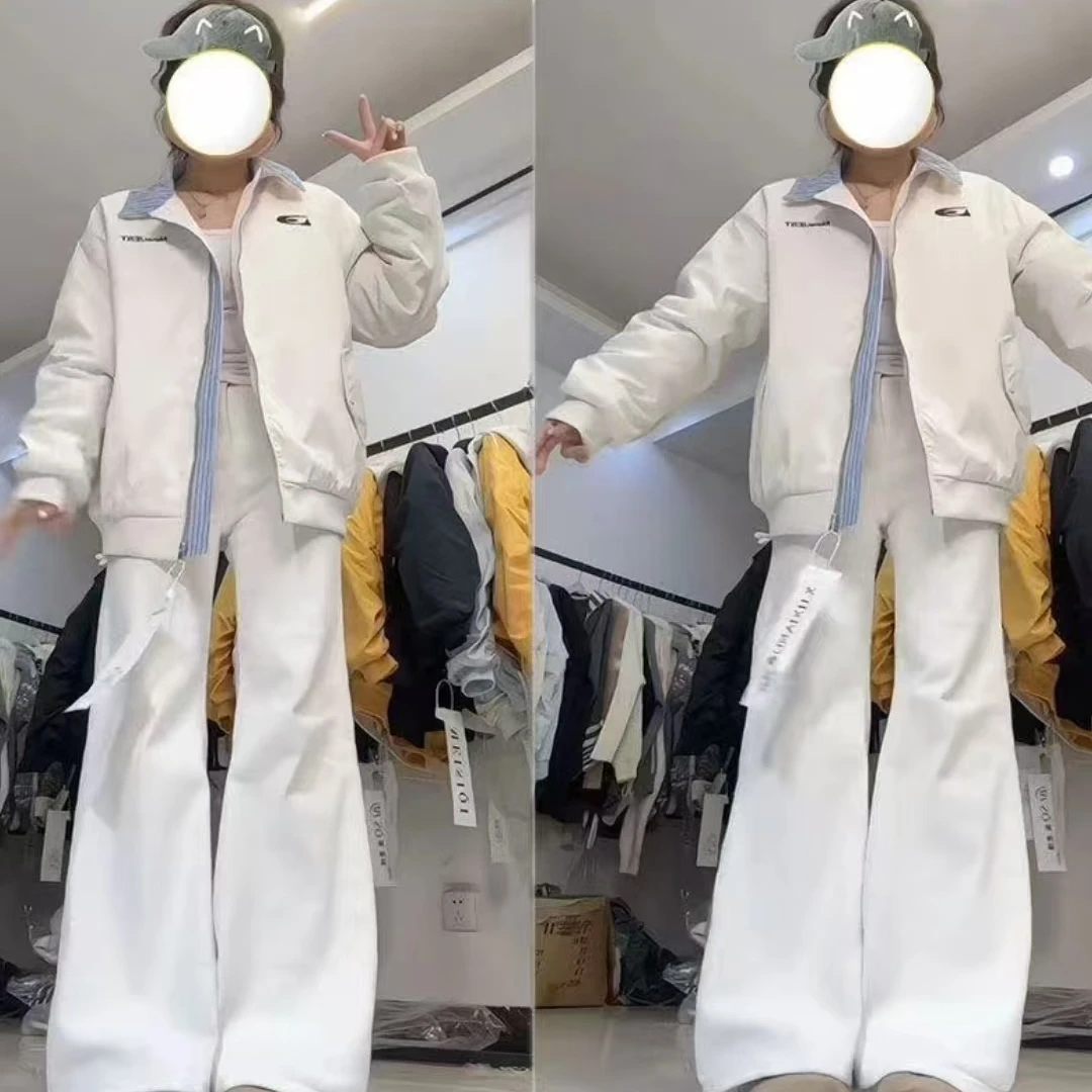 加棉保暖美式复古拼接格纹假两件飞行夹克秋冬新款宽松休闲外套潮