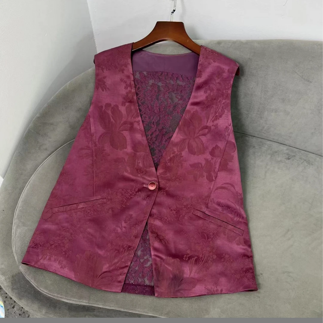 【花滿林】V领一粒扣贴袋口后背拼蕾丝提花气质马夹6612