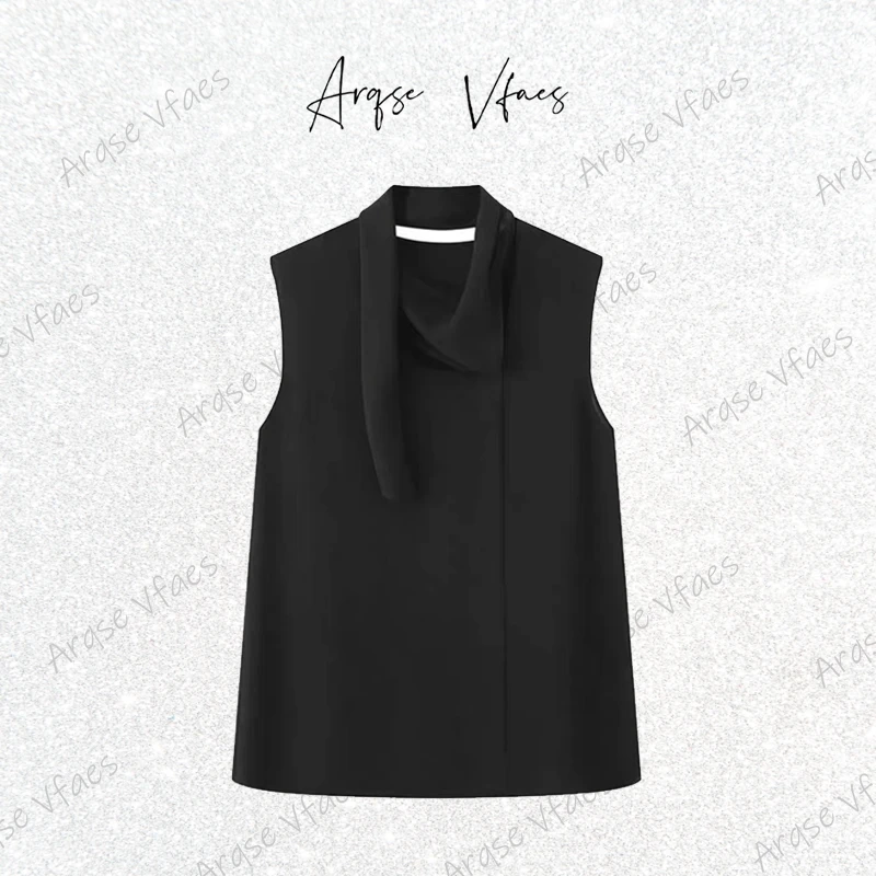 艾家同款2025夏季百搭黑色无袖飘带领衬衫气质上衣女50615015