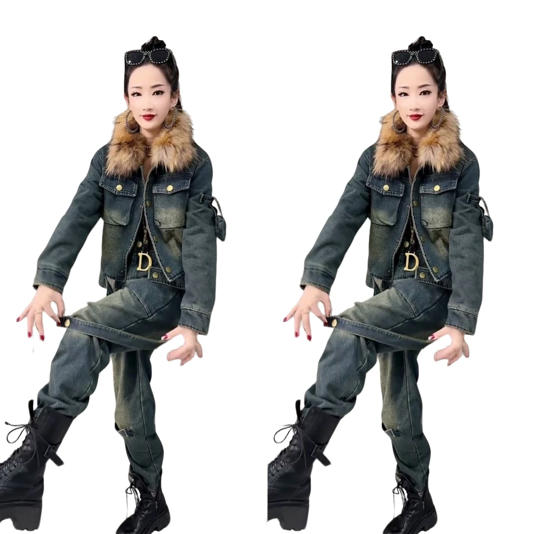 欧货爆款时尚潮流牛仔套装加厚新款酷辣洋气两件套套装冬款时尚女