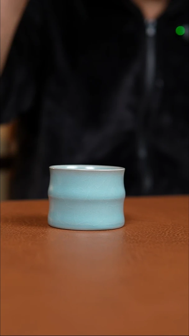 瓷片仿古天青纯手工竹节杯瑕