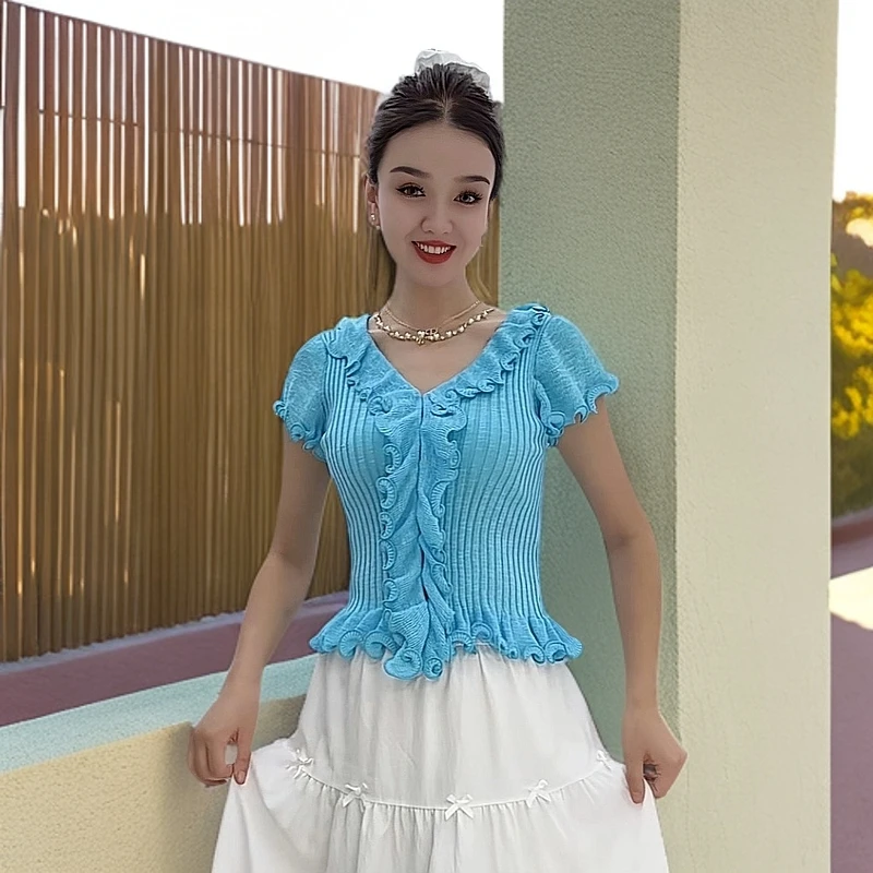 女短袖法式毛针织衫秋季蕾丝收腰时尚设计感夏季V领