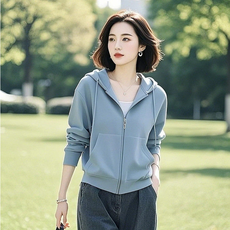2025超火减龄开春百搭小个子短款女士宽松连帽长袖卫衣蓝色薄外套