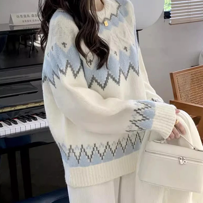 优雅复古慵懒风撞色毛衣2025秋冬季时尚百搭宽松圆领针织衫女新款