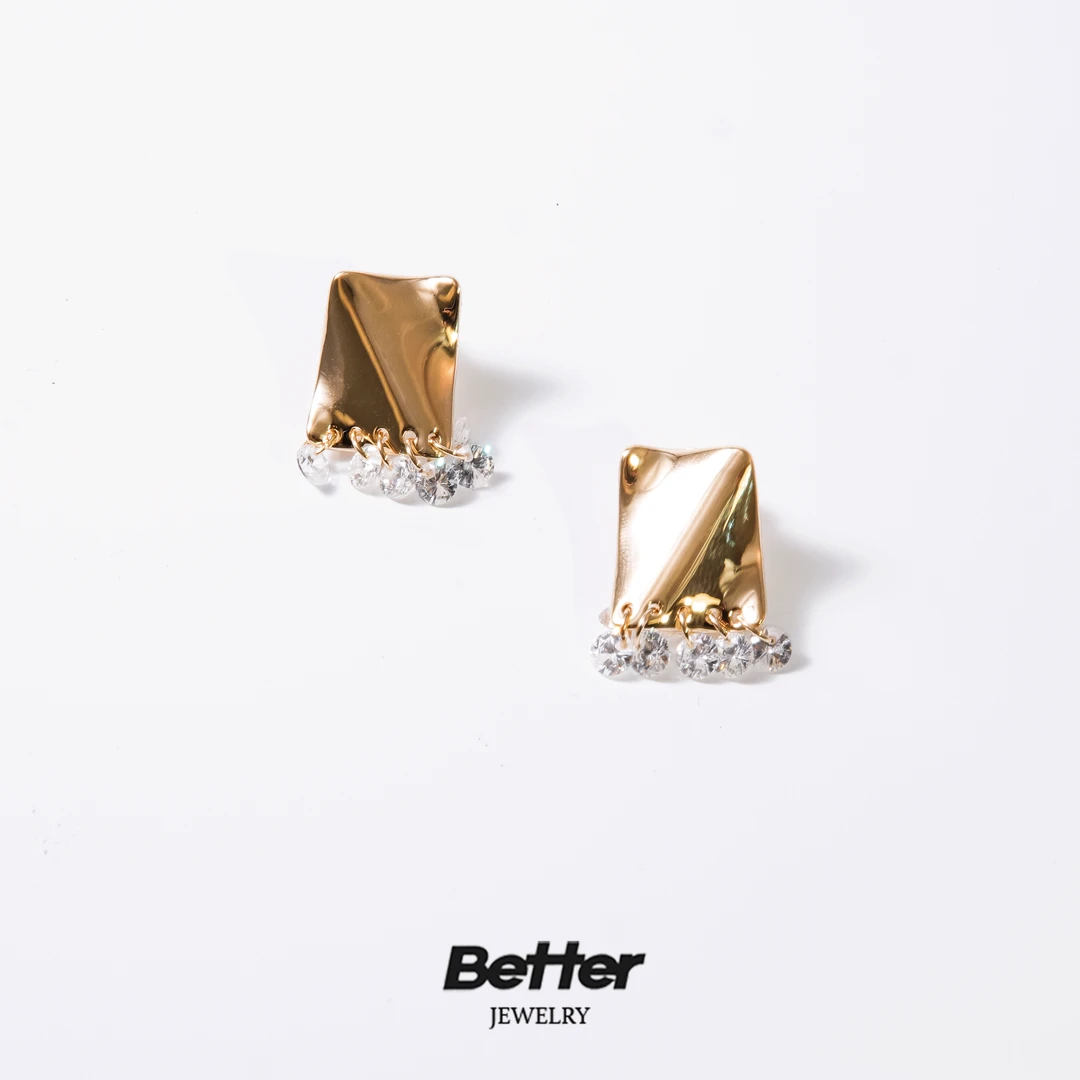 铜合金合成锆石耳饰 H406　日系　金色方块流苏耳钉