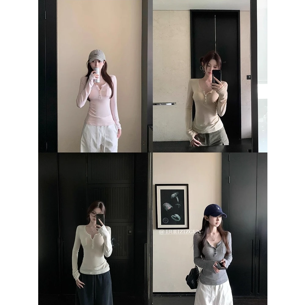 入秋万能搭 搭遍衣橱百搭气质亨利领修身显瘦打底长袖T恤上衣女秋