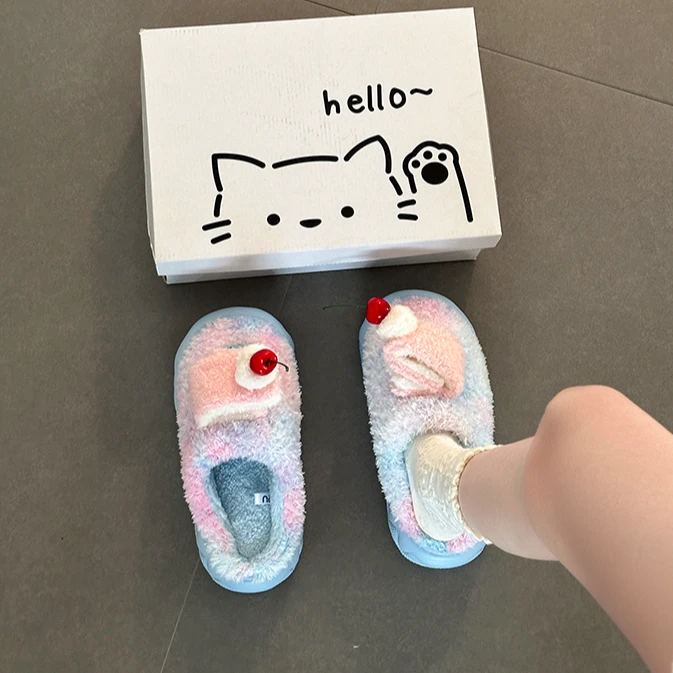 奶油瑞士卷~可爱卡通彩色小蛋糕厚底包头拖鞋女秋冬季新款毛毛鞋