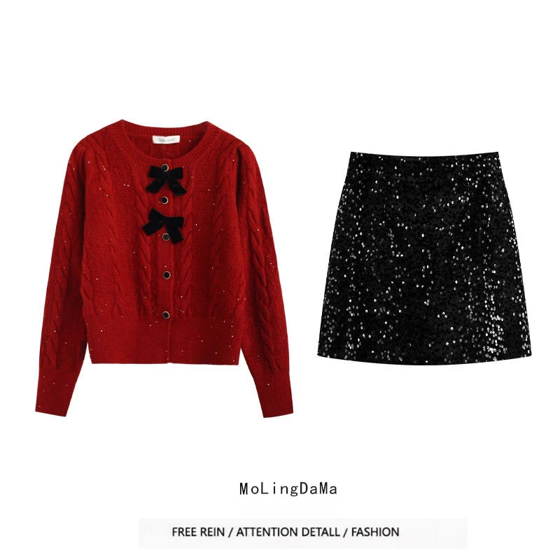 春季穿搭一整套女装新款氛围感红色针织毛衣小香风气质短裙两件套