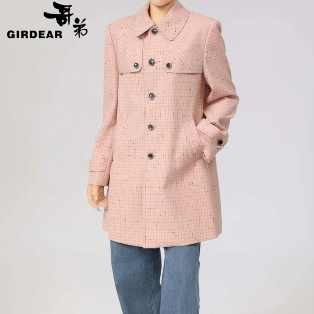 GIRDEAR/哥弟1400763 新款时尚 简约单排扣 翻领虚线格纹风衣外套