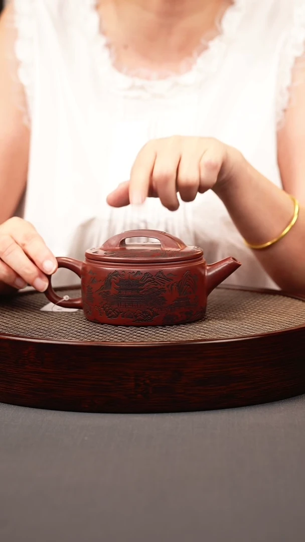 茶壶紫砂龙血砂 汉瓦 刻绘山水