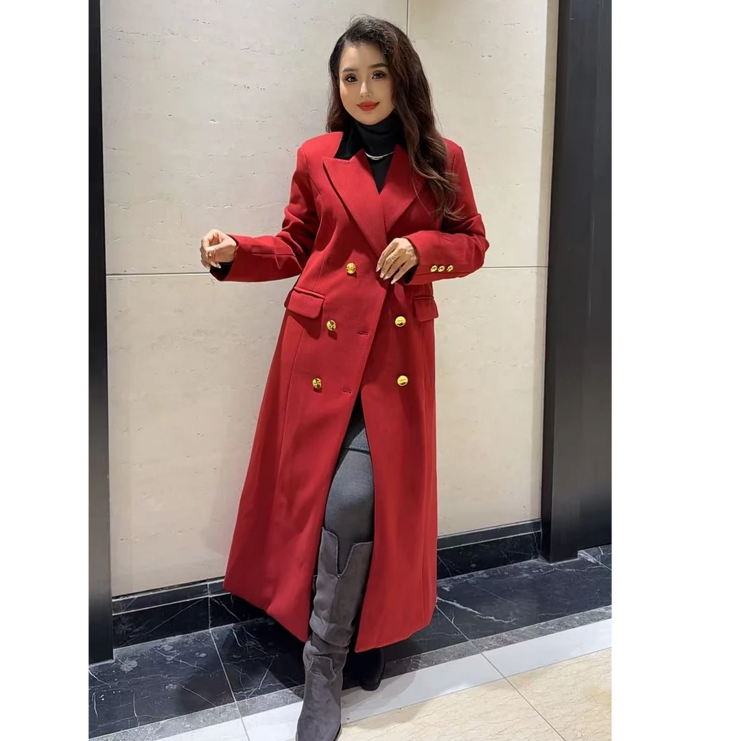 新款加棉显瘦收腰双排扣长款呢子外套8029