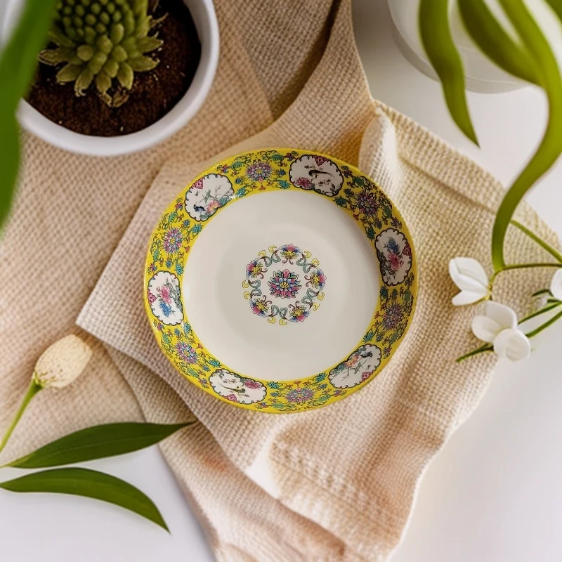 景德镇珐琅彩金帝黄六面开窗8英寸盘子231