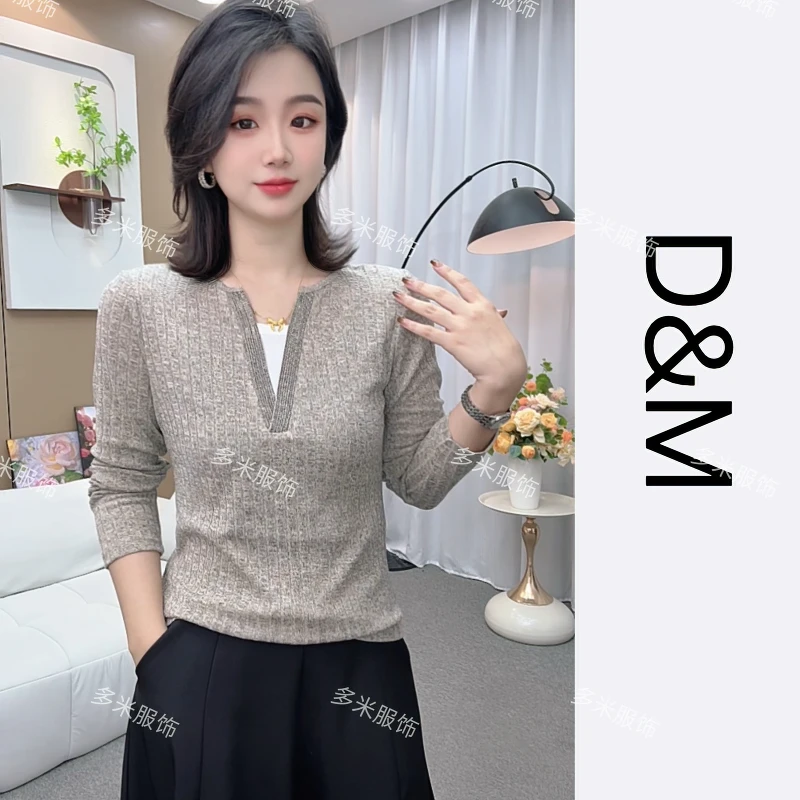 025新款烫钻领口长袖衬衫打底衫设计感小众别致女士上衣