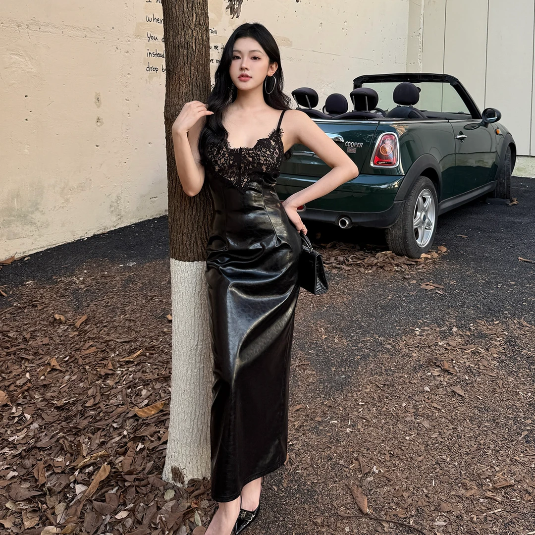 运补6-8御姐风纯欲蕾丝吊带皮裙女V领性感收腰连衣裙辣妹包臀长裙