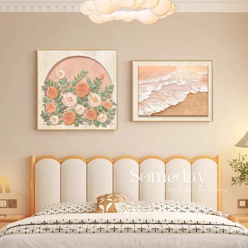 法式奶油风卧室床头装饰画肌理玫瑰主卧挂画两联餐厅背景墙壁画