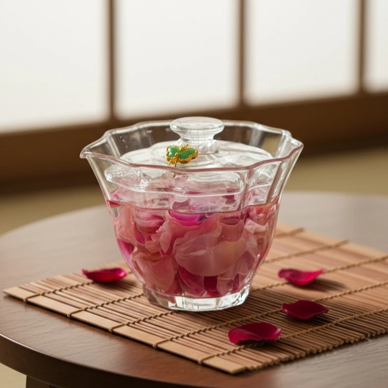 花瓣盖碗190ML耐热家用透明二才盖碗三件套茶具盖碗网红茶器手抓