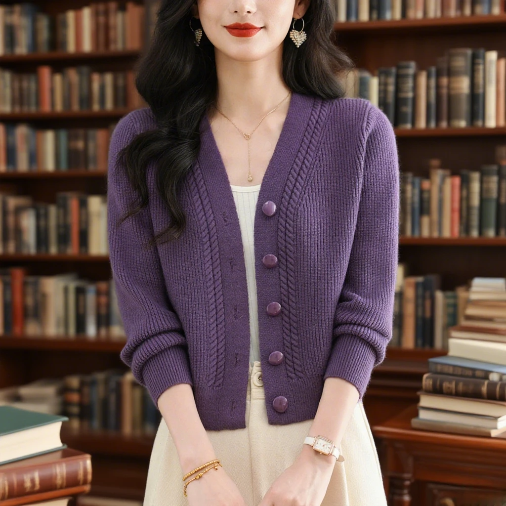 纯100羊毛针织开衫女短款春秋款妈妈小个子洋气外搭早秋毛衣外套