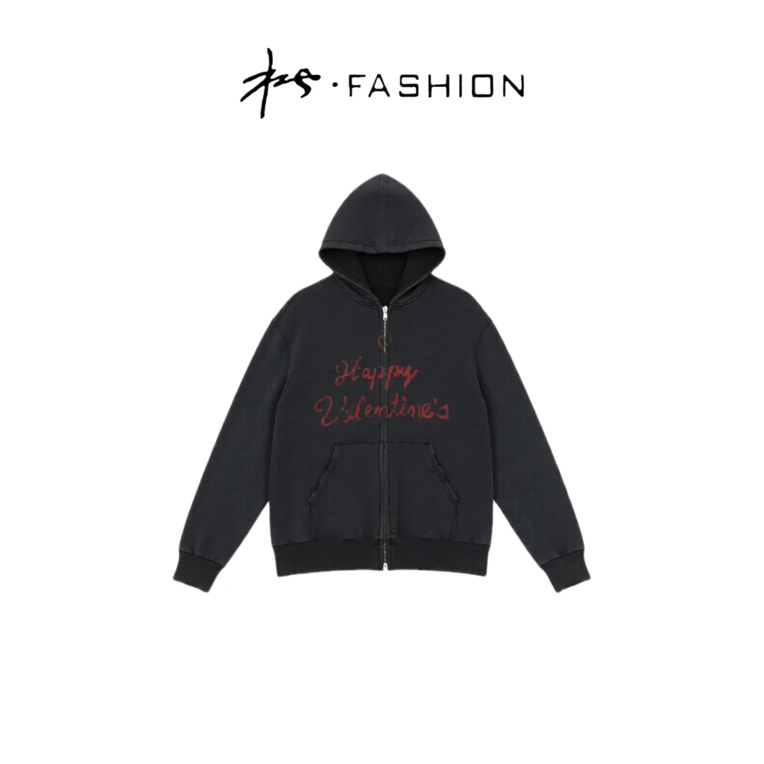 爱心拉链连帽宽松型女款卫衣