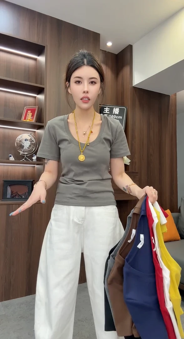 欧洲站2025夏季新款简约休闲百搭纯色净版显瘦U领短袖棉T恤上衣女