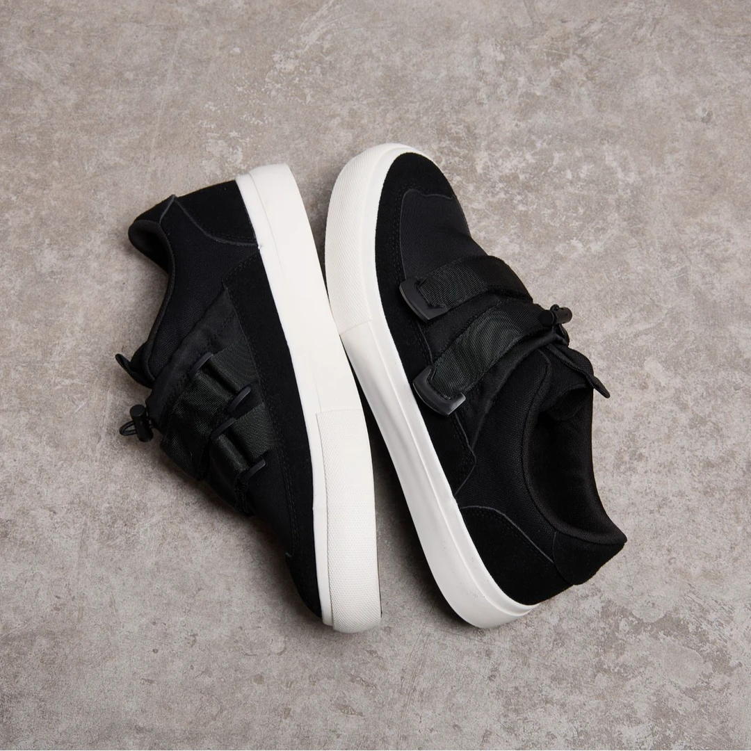 小众设计黑色魔术贴帆布鞋男厚底板鞋低帮鞋一脚蹬潮流休闲懒人鞋