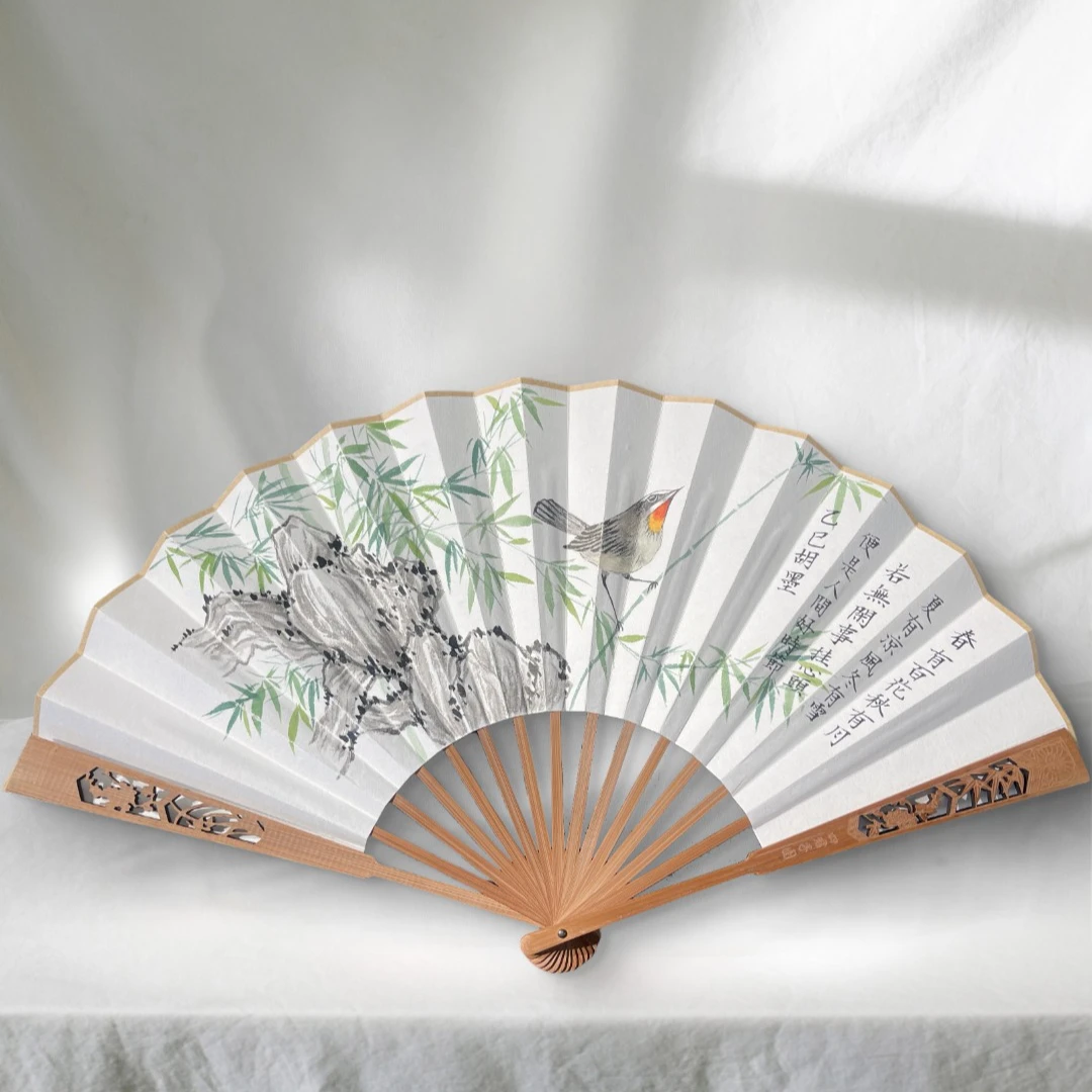 【手绘秘彩描金】翠竹丹禽 ——胡墨——扇面