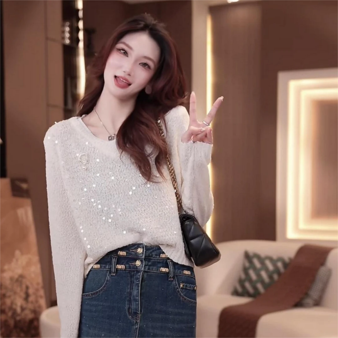 彩彩# 小众设计~高定人鱼姬亮片显白撞色气质毛衣