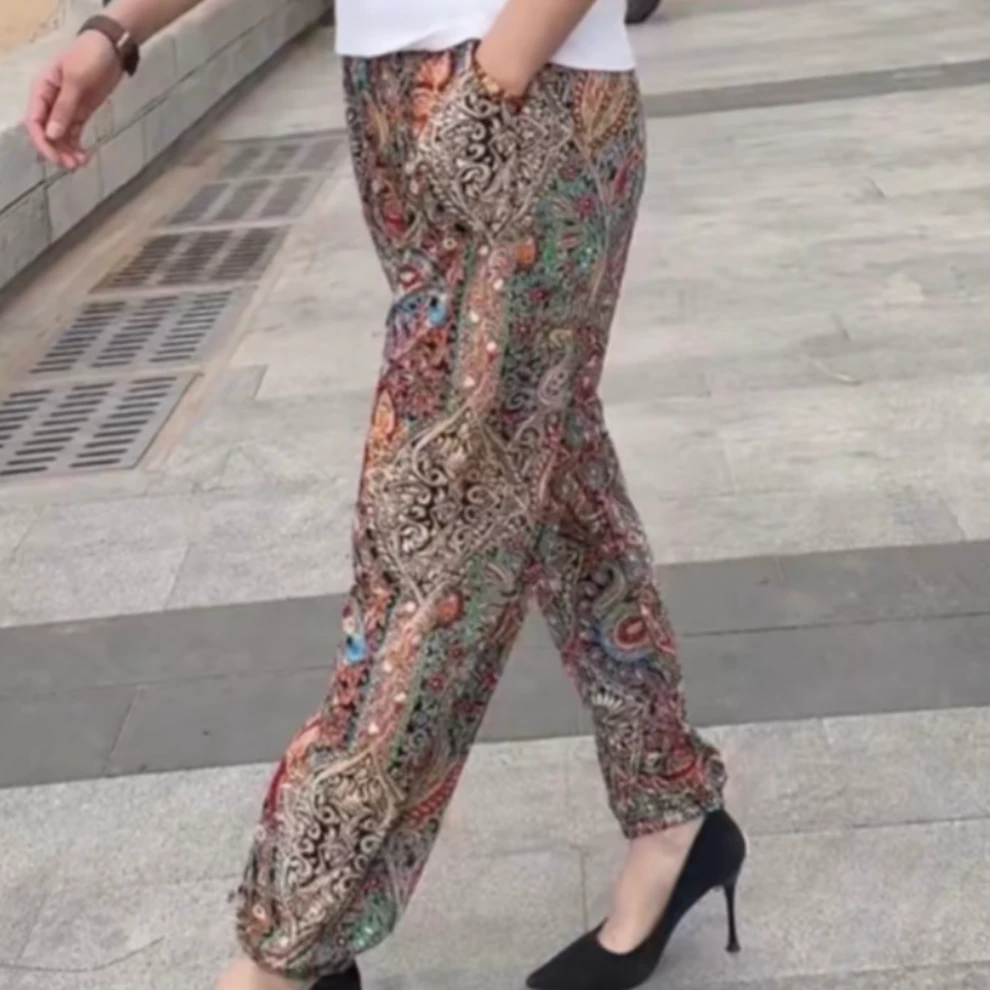 夏款大码休闲裤百搭减龄中老年妈妈装2025新款时尚印花女装九分裤