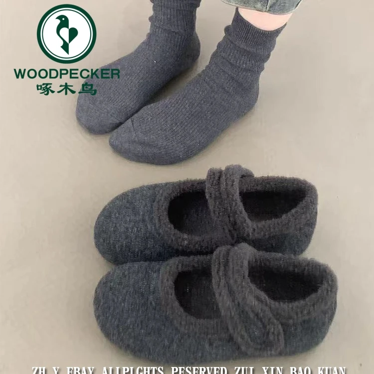 啄木鸟内增高厚底勃肯鞋女加绒灰色玛丽珍毛毛鞋女冬呢子棉鞋子