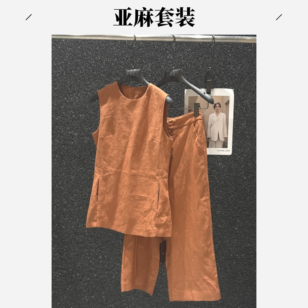 5069亚麻套装背心裤子上衣休闲时尚宽松圆领休闲裤复古中式