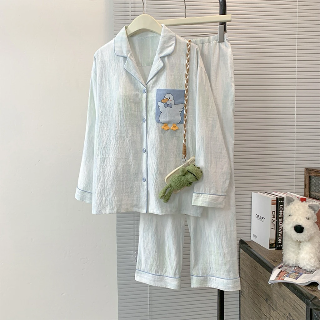 带胸垫睡衣女款网红爆款新款甜美小白鸭长袖长裤可外穿家居服套装