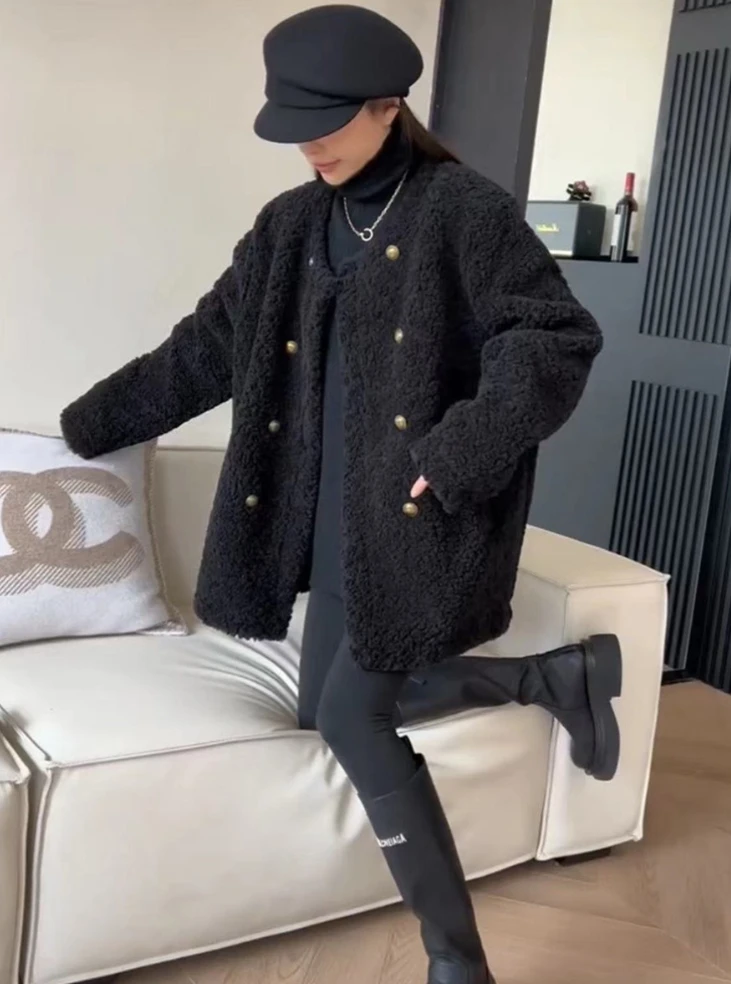 韩版圆领加厚毛毛上衣女秋冬季新款时尚休闲宽松开衫外套