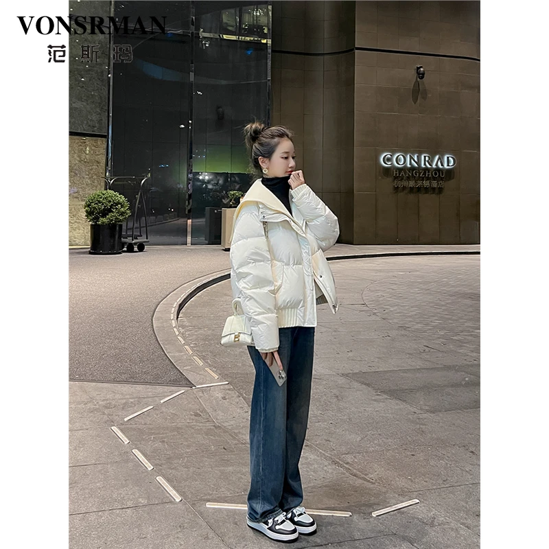 针织海军领羽绒服女短款冬季2025新款小个子洋气减龄白鸭绒面包服